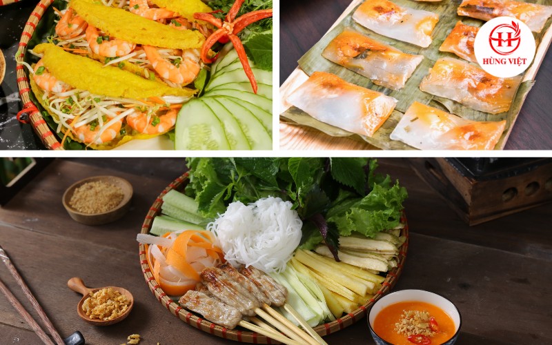 Bán nem lụi với các món đặc sản miền Trung như bánh xèo, bánh bột lọc,... nem-lui-hue-2