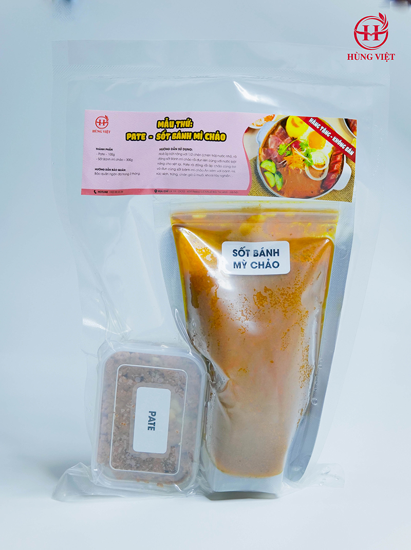 Mẫu thử Pate- sốt bánh mì chảo được Hùng Việt đóng gói, sẵn sàng gửi miễn phí cho khách hàng có nhu cầu nhập sỉ nguyên liệu bánh mì chảo nhưng vẫn còn băn khoăn về chất lượng sản phẩm