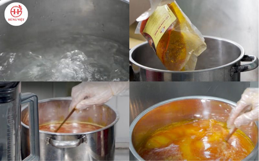 Đun sôi 4.5l nước và đổ nước cốt chấm Hùng Việt vào