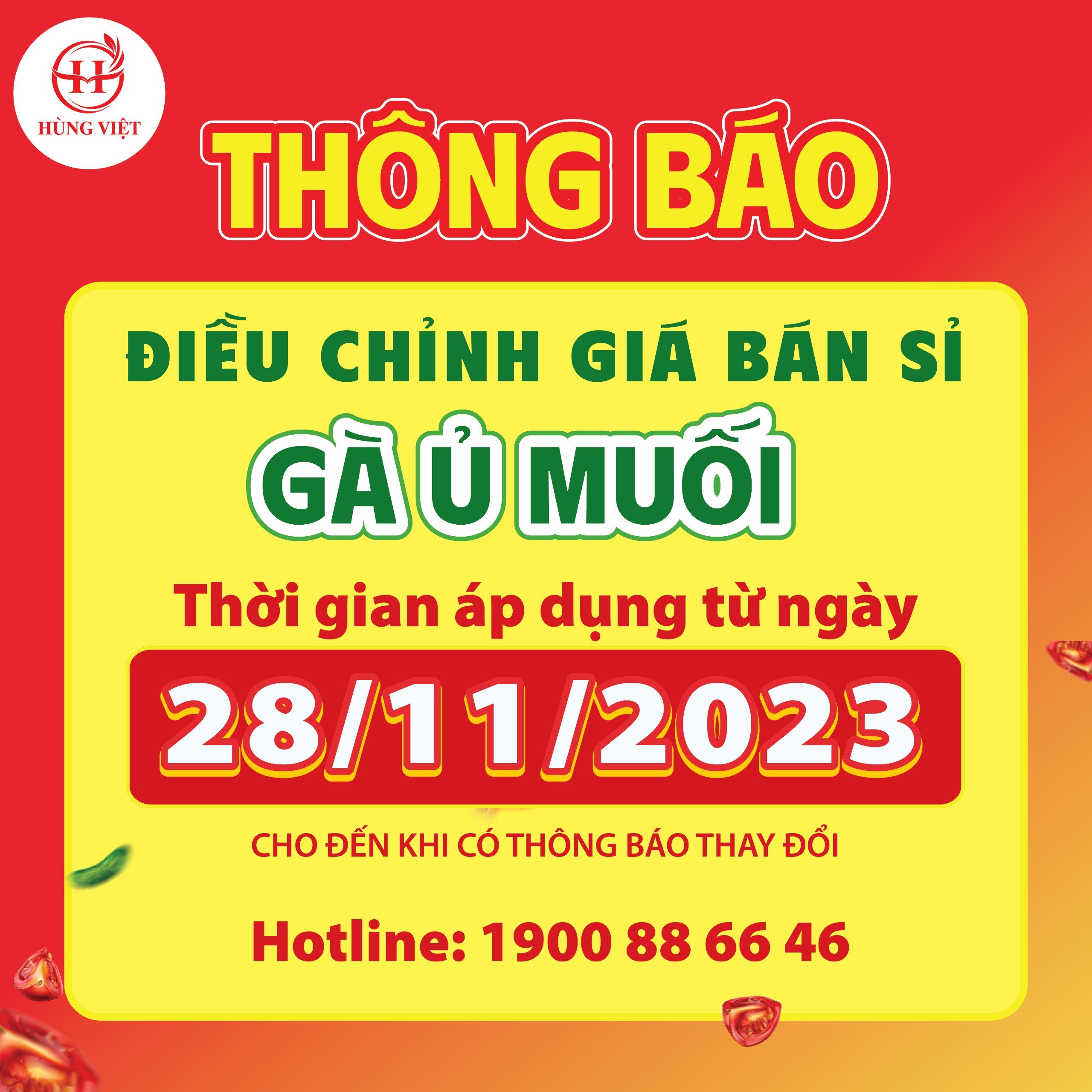 Thông báo điều chỉnh giá bán sỉ gà ủ muối hoa tiêu Hùng Việt
