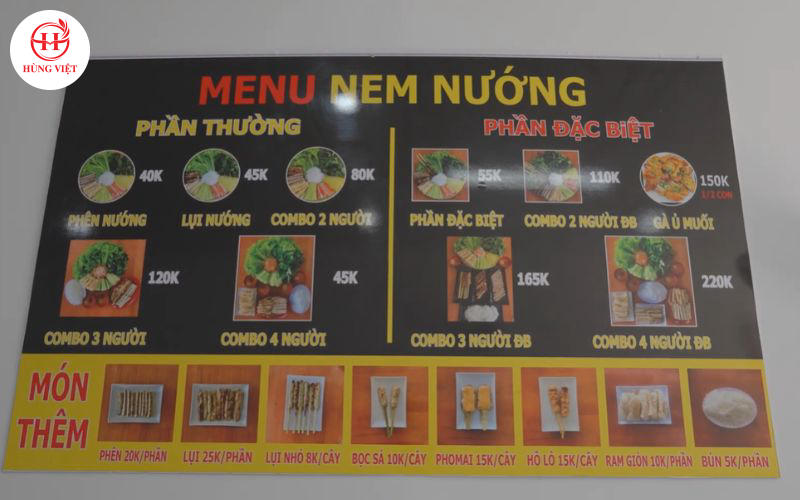 Menu của quán đa dạng