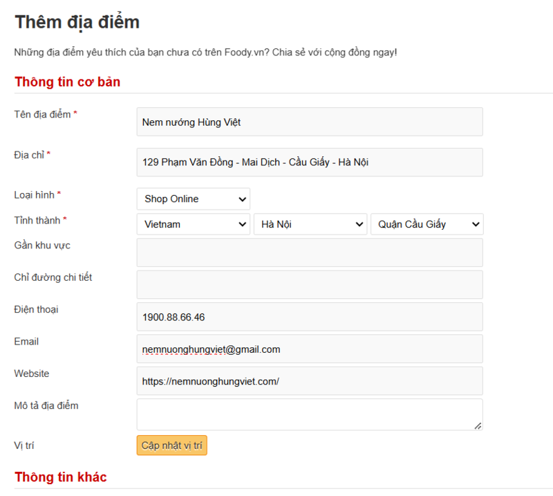 Tạo địa điểm