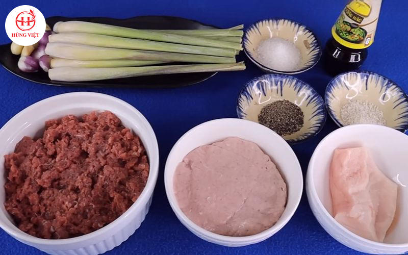 Các nguyên liệu cần thiết để làm nem lụi bò.