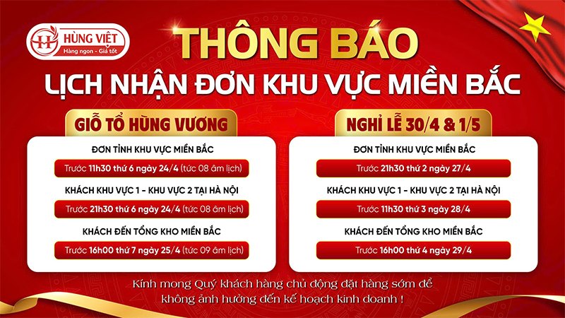 Thông Báo Lịch Nhận Đơn Hàng Dịp Lễ Giỗ Tổ Hùng Vương & 30/4 – 1/5 (Khu Vực Miền Bắc)