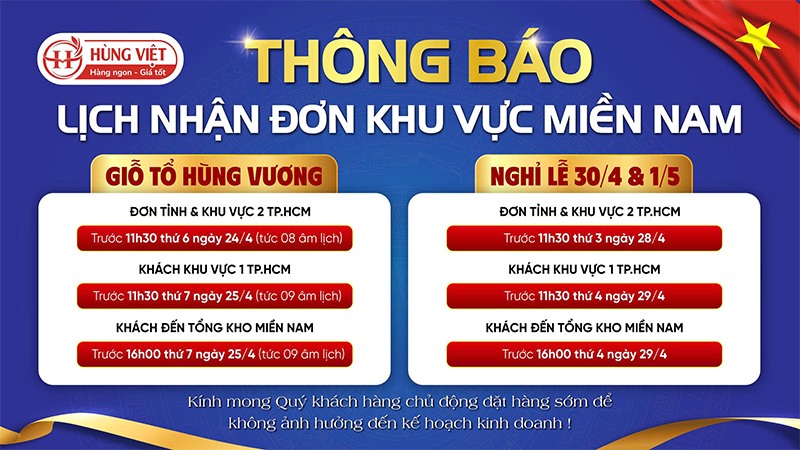 Hùng Việt Thông Báo Lịch Giao Nhận Hàng Dịp Lễ 30/4 & Giỗ Tổ Tại Miền Nam