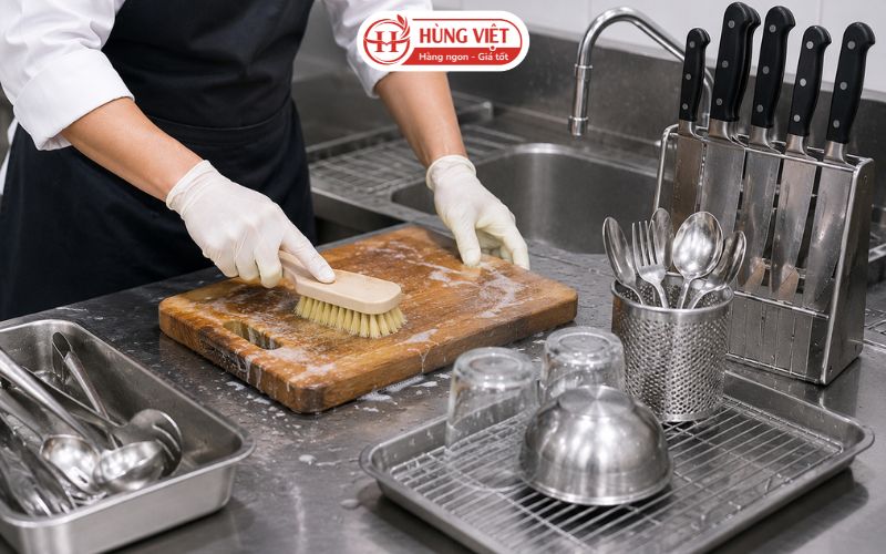 Làm sạch dao, thớt và dụng cụ